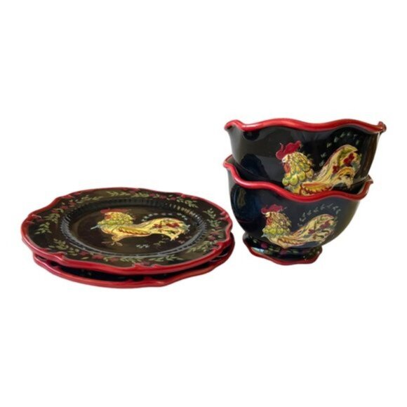 April Cornell Ceramic French Country Rooster Set of 2 Bowl & Plate's - Picture 10 of 11